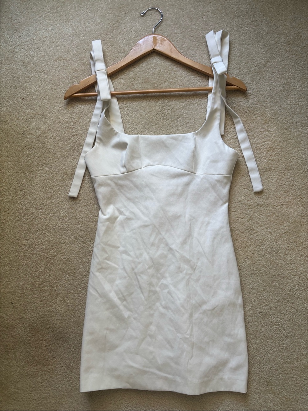 Zara White Square Neck Mini Dress with Tie Shoulder Bow Straps Medium